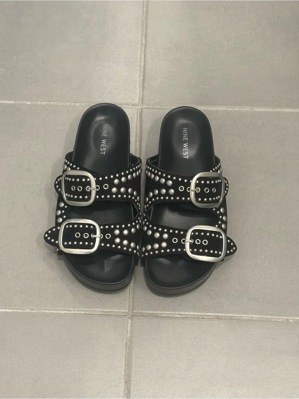 Nine West Black Studded Double-Buckle Slide Sandals